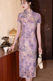 Purple Floral Print Midi Cheongsam Qipao Dress