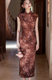 Brown Red Jacquard Floral Velvet Cheongsam Qipao Dress
