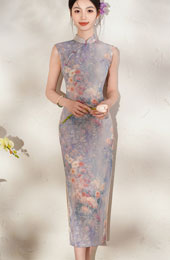 Summer Purple Floral Print Cheongsam Qipao Dress