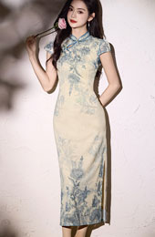 Blue Floral Print Maxi Cheongsam Qipao Dress