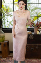 Pink Floral Embroidered Maxi Cheongsam Qipao Dress