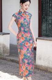 Summer Floral Print Maxi Cheongsam Qipao Dress
