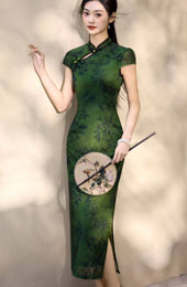 Green Floral Print Maxi Cheongsam Qipao Dress
