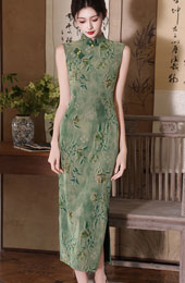 Willow Green Jacquard Sleeveless Cheongsam Qipao Dress