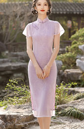 Purple Jacquard Flutter Sleeve Qipao Cheongsam Dress