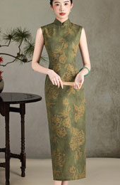 Forest Green Floral Maxi Cheongsam Qipao Dress