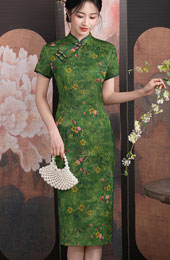 Green Floral Print Midi Cheongsam Qipao Dress