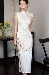 White Embroidered Floral Long Cheongsam Qipao Dress