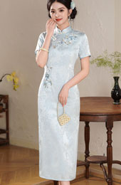 Blue Green Jacquard Floral Cheongsam Qipao Dress