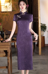 Purple Jacquard Floral Cheongsam Qipao Dress