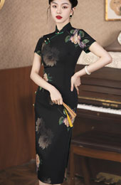Black Floral Print Midi Cheongsam Qipao Dress