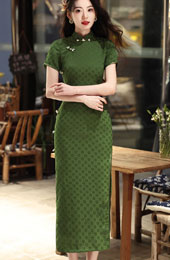 Green Jacquard Maxi Cheongsam Qipao Dress