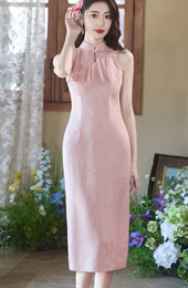 Pink Blue Jacquard Halter Cheongsam Qipao Dress