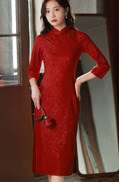 Red Lace Mid Wedding Cheongsam / Qipao Dress