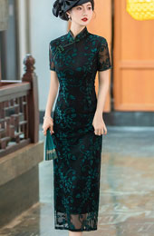 Bridal Mothers Red Floral Velvet Qipao Cheongsam Dress