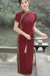Red Jacquard Lace Trim Modern Qipao Cheongsam Dress