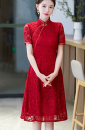 Red Floral Lace Wedding Qipao Cheongsam Dress