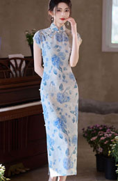 Porcelain Blue Floral Print Long Cheongsam Qipao Dress