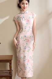 Spring Pink Blue Floral Linen Long Cheongsam Qipao Dress