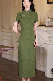 Green Red Jacquard Floral Maxi Cheongsam Qipao Dress