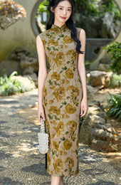 Wild Rose Print Maxi Cheongsam Qipao Dress