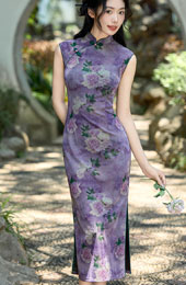 Purple Floral Print Long Cheongsam Qipao Dress
