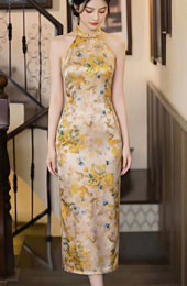 Yellow Floral Print Long Cheongsam Qipao Dress