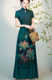 Blue Green Floral Print A-Line Cheongsam Ao Dai Dress