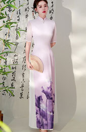 Purple Green Lotus Print Mothers Cheongsam Ao Dai Dress