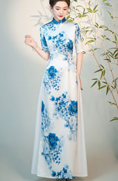Blue and White Floral Long Cheongsam Ao Dai Dress