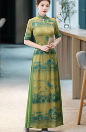 Vintage Chinese Painting Print Maxi Cheongsam Ao Dai Dress