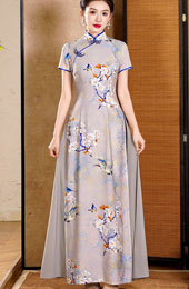 Gray Floral Print A-Line Maxi Cheongsam Ao Dai Dress