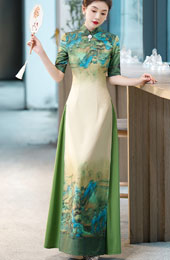 Green Blue Vintage Print Maxi Cheongsam Ao Dai Dress