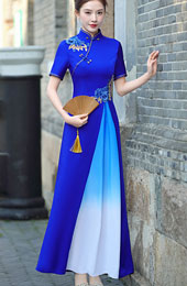 Blue Pink A-Line Maxi Cheongsam Ao Dai Dress