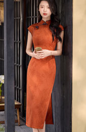 Orange Jacquard Linen Long Cheongsam Qipao Dress