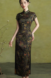 Autumn Glow Floral Print Long Cheongsam Qipao Dress