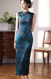 Blue Floral Sleeveless Long Cheongsam Qipao Dress