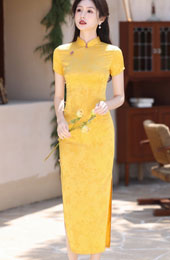 Yellow Jacquard Floral Long Cheongsam Qipao Dress