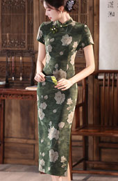 Olive Green Floral Print Long Cheongsam Qipao Dress