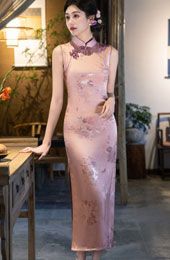 Pink Jacquard Floral Long Cheongsam Qipao Dress