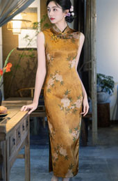 Gold Floral Print Long Cheongsam Qipao Dress
