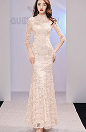Champaign Fishtail Long Qipao Cheongsam Evening Dress