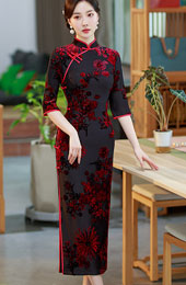 Mothers Red Green Floral Maxi Qipao Cheongsam Dress