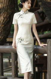 White Jacquard Floral Midi Cheongsam Qipao Dress