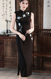 Black Embroidered Sleeveless Cheongsam Qipao Dress
