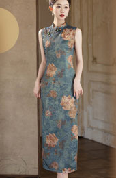 Blue Floral Print Maxi Cheongsam Qipao Dress