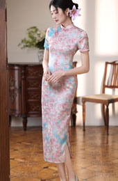 Pink Floral Print Maxi Cheongsam Qipao Dress