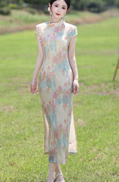 Lovely Tulip Print Maxi Cheongsam Qipao Dress