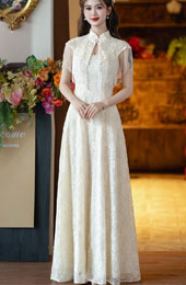 Champagne Lace A-Line Wedding Cheongsam Dress with Shawl
