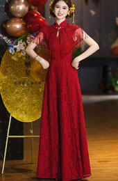 Burgundy Lace A-Line Wedding Bridal Cheongsam with Shawl